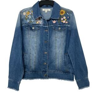 Linda Anderson Sunflower Floral Embroidered Frayed Denim Jacket Small Boho Chic